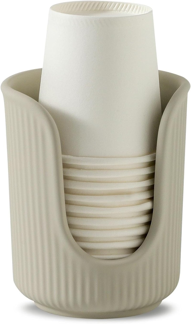 Dobbyby Ceramic Bathroom Cup Dispenser with Stylish Vertical Stripes - Disposable Mouthwash Cup Holder Holds 3-4oz Paper Cups for Rinsing Cups on Bathroom Vanity Countertops (Matte Beige) - Image 1